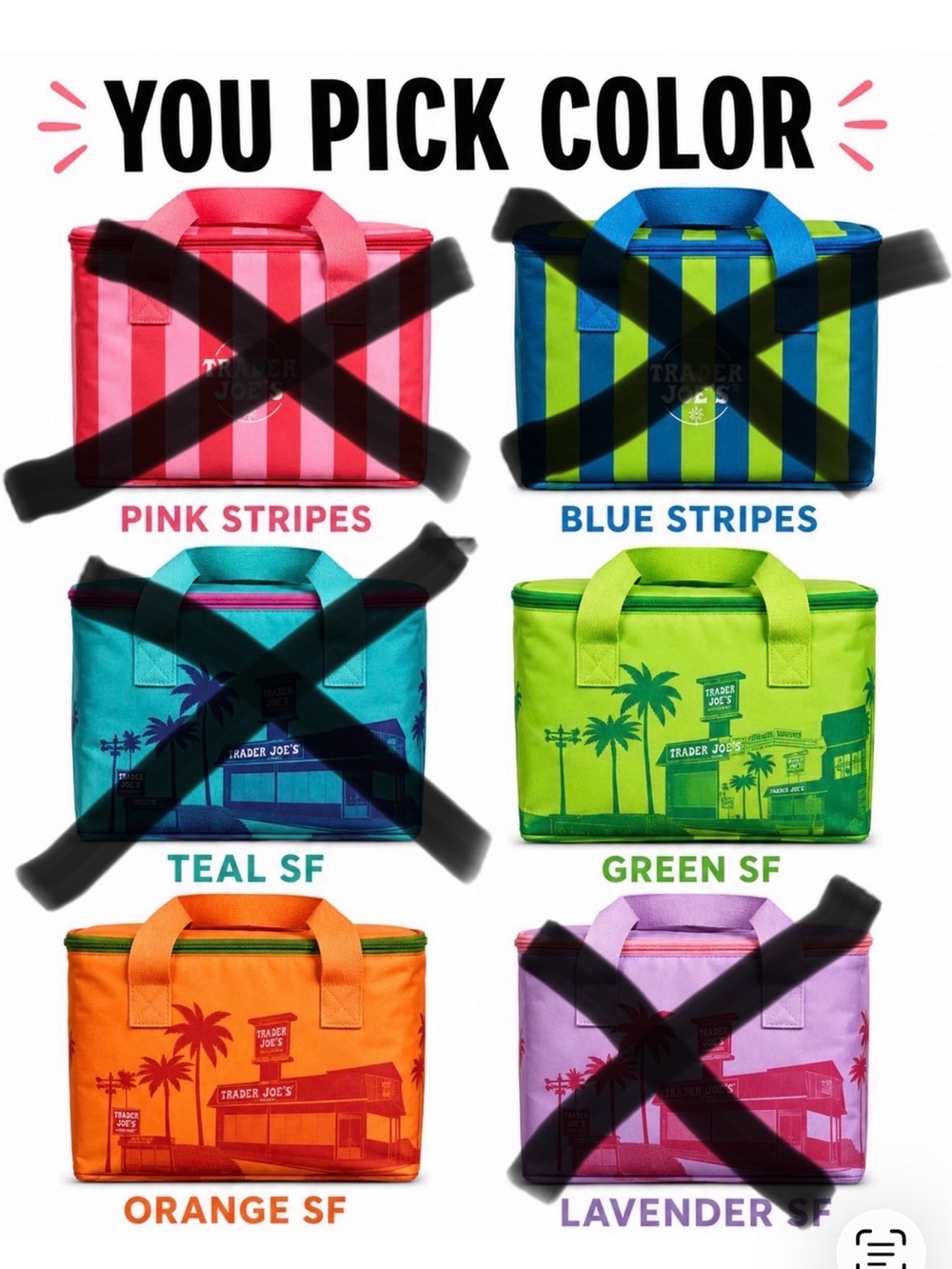 Trader Joe's Assorted Color Insulated Lunch Bag - Green, Orange, Purple, Blue